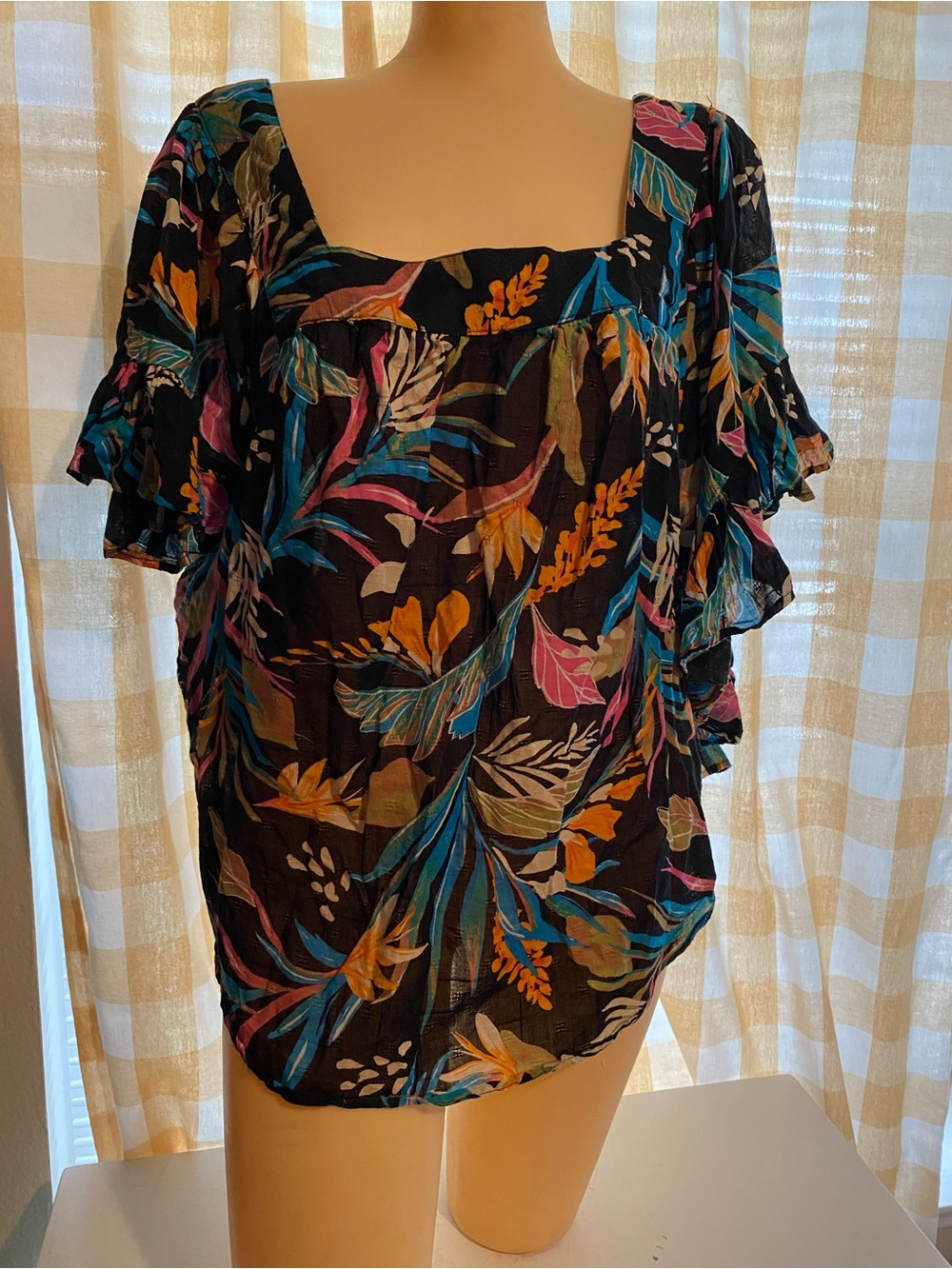 Terra & Sky Black Floral Square-Neck Ruffle Sleeve Top X0 size